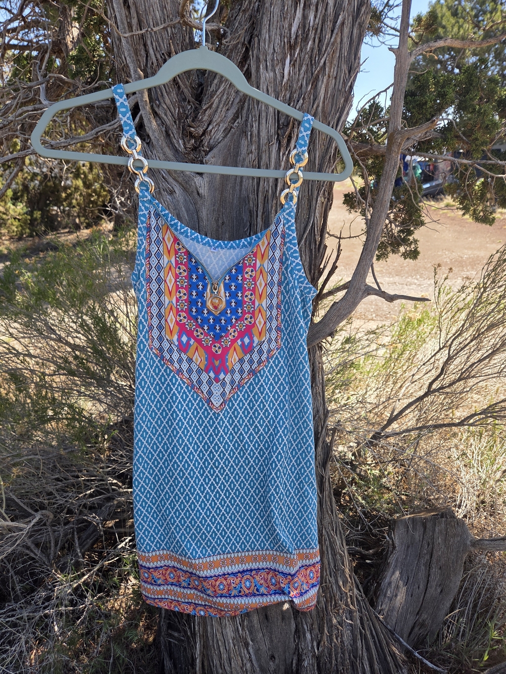 Blue Printed Boho Dress with Colorful Yoke